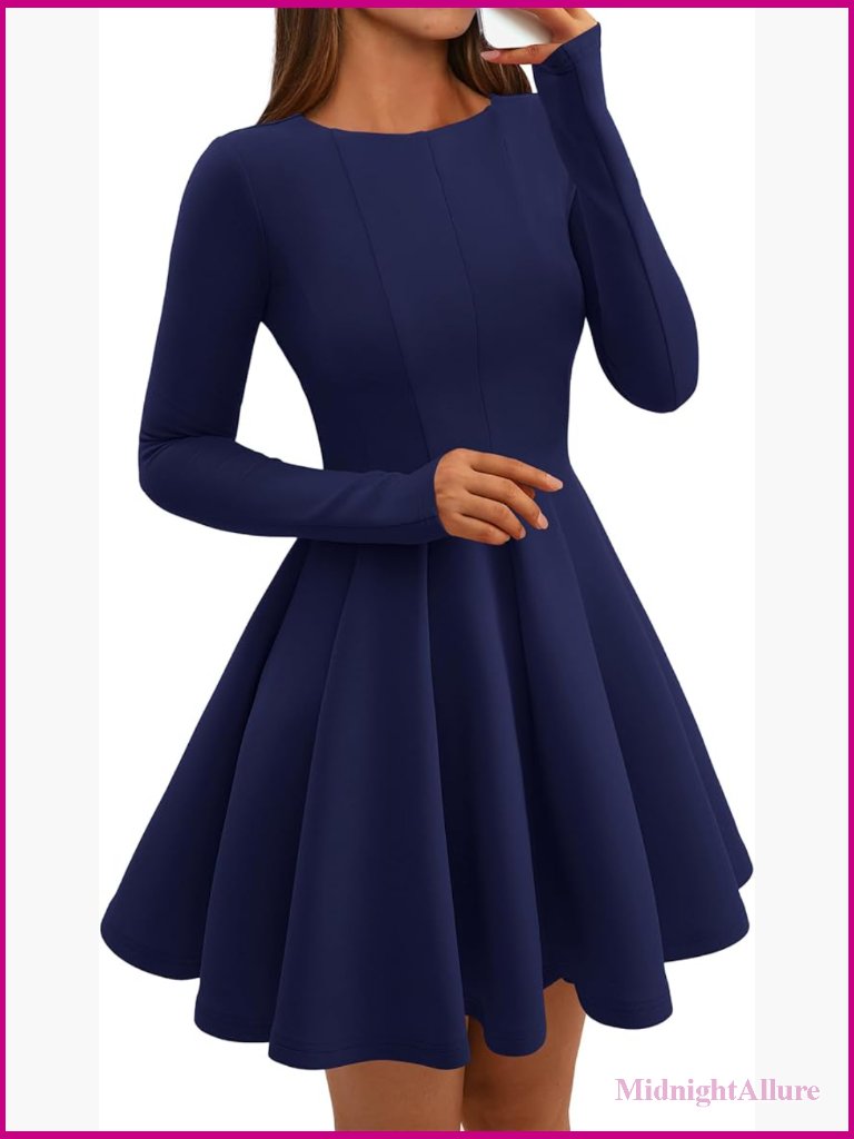 Long Sleeve High Waist Pleated Flowy A Line Mini Party Dress